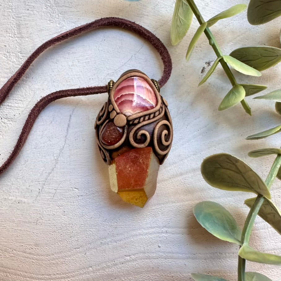 One of a kind rare gemstone necklace with sunset aura quartz and sunstone