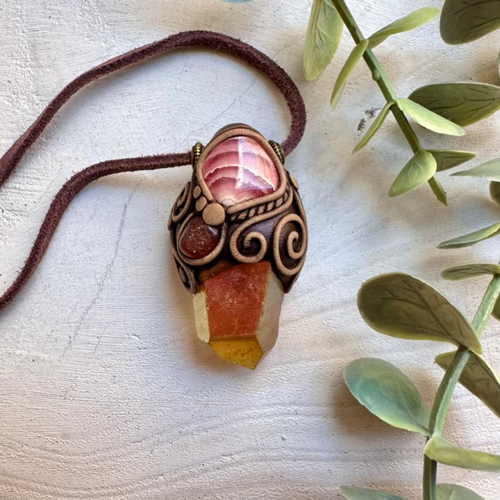 One of a kind rare gemstone necklace with sunset aura quartz and sunstone