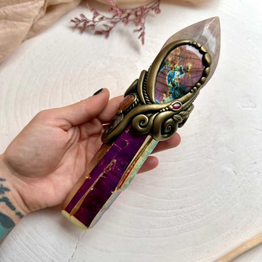 Unique handmade wand featuring Sunset Aura Quartz and Moonstone flame