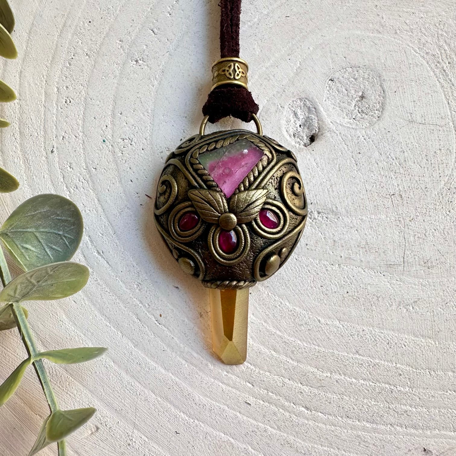 Sunset Aura Quartz necklace handcrafted with Watermelon Tourmaline and Rhodolite Garnet natural gemstones.