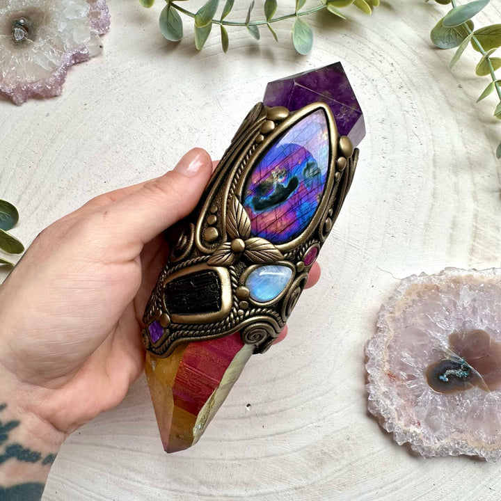 Spiritual crystal wand with labradorite moonstone and black tourmaline