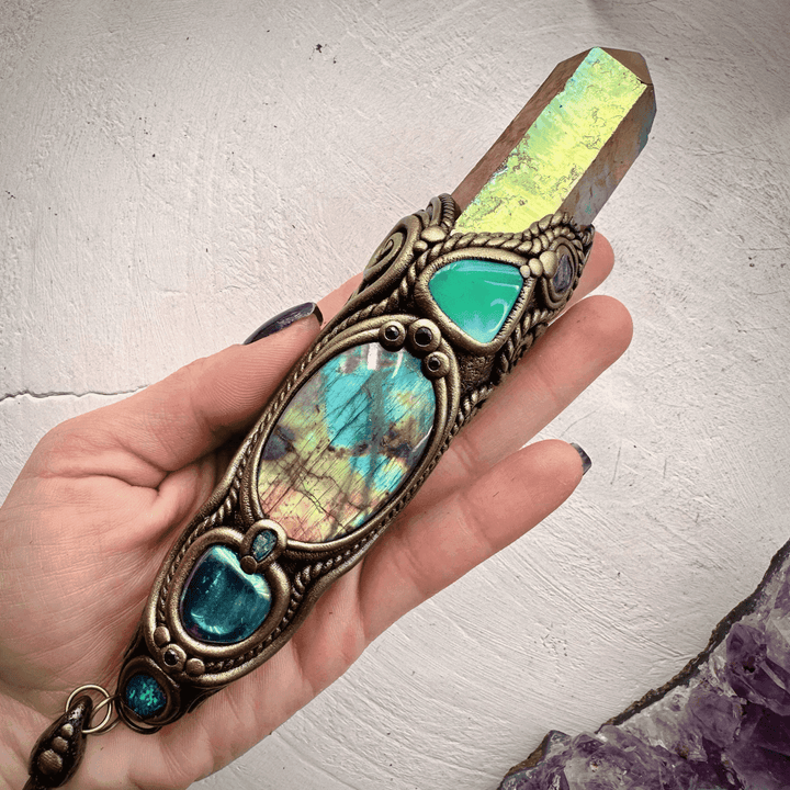 Sunset Aura Quartz Wand , Labradorite Chrysoprase Tanzanite Emerald Black Australian Opal Triplet Aqua Aura Quartz and Moldavite Wand - FairyGardenGlow