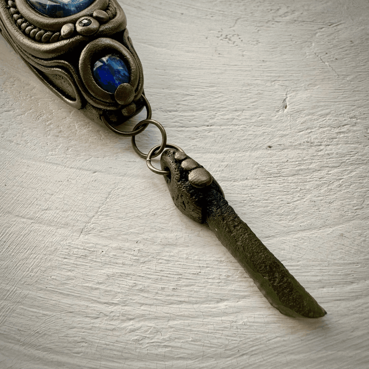 Sunset Aura Quartz Wand , Labradorite Chrysoprase Tanzanite Emerald Black Australian Opal Triplet Aqua Aura Quartz and Moldavite Wand - FairyGardenGlow