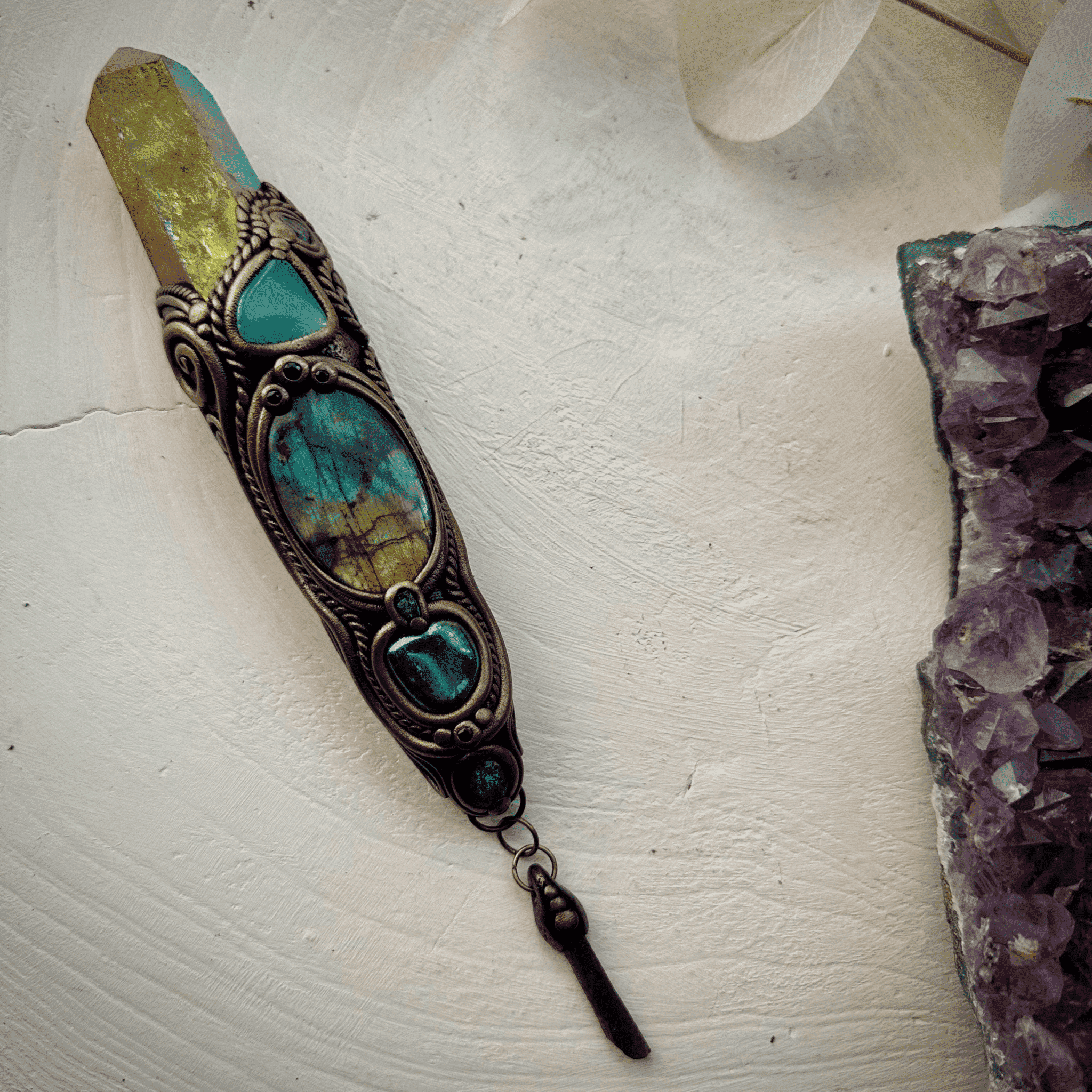 Sunset Aura Quartz Wand , Labradorite Chrysoprase Tanzanite Emerald Black Australian Opal Triplet Aqua Aura Quartz and Moldavite Wand - FairyGardenGlow