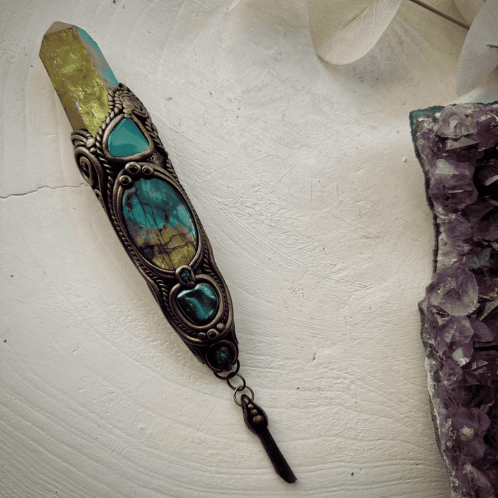 Sunset Aura Quartz Wand , Labradorite Chrysoprase Tanzanite Emerald Black Australian Opal Triplet Aqua Aura Quartz and Moldavite Wand - FairyGardenGlow