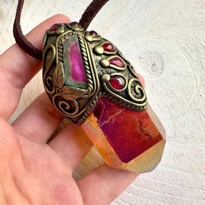 Spiritual crystal necklace /protection amulet handcrafted with natural Aura Quartz, Tourmaline and Rhodolite Garnet.
