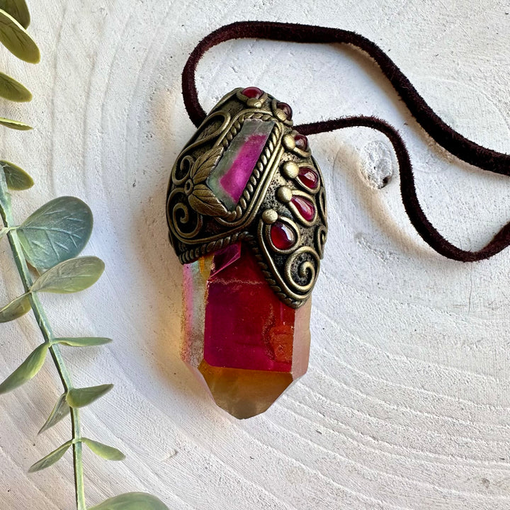 Colorful crystal talisman necklace with Sunset Aura Quartz, pink and green Tourmaline and Garnet.