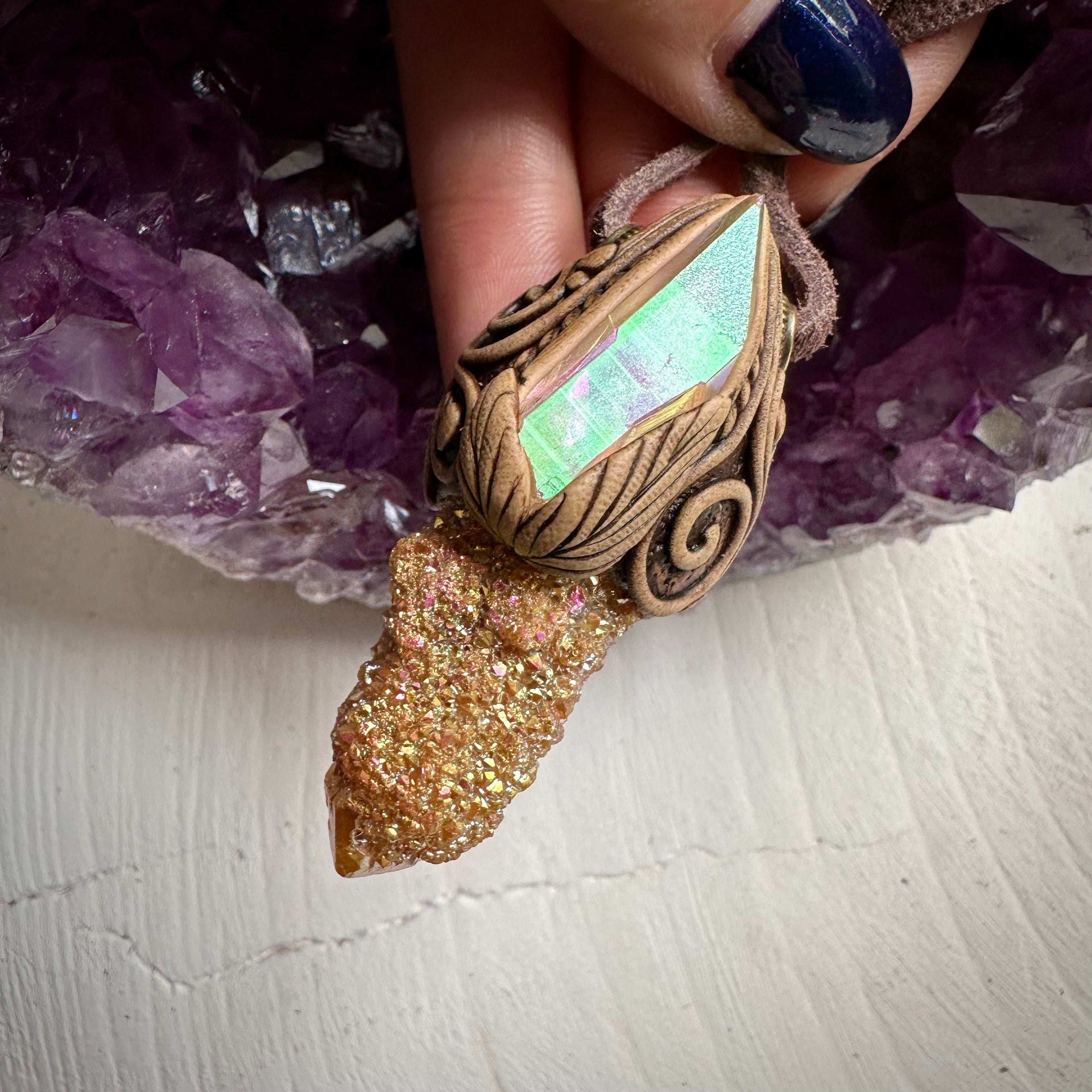 Sunset Aura Spirit Quartz and Angel Aura Quartz Necklace - FairyGardenGlow