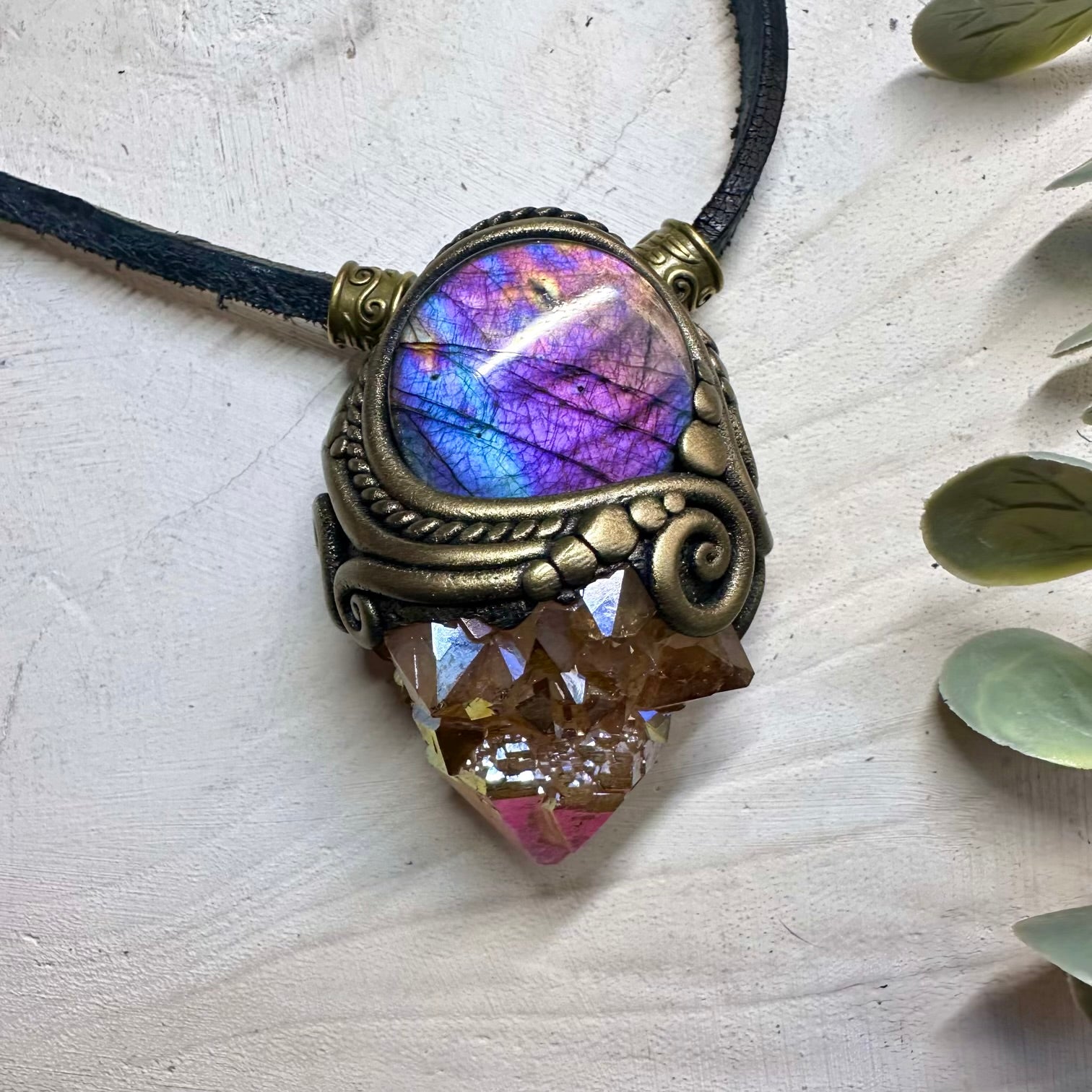 Sunset aura spirit quartz and labradorite pendant necklace