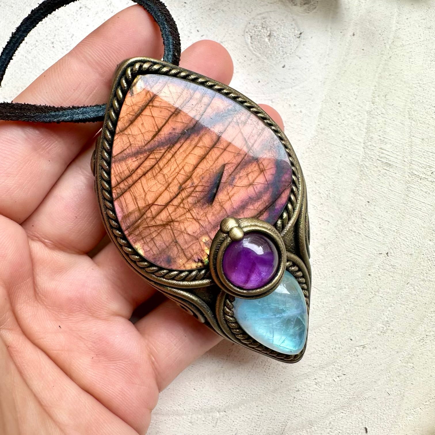 Sunset labradorite rainbow moonstone and amethyst pendant necklace