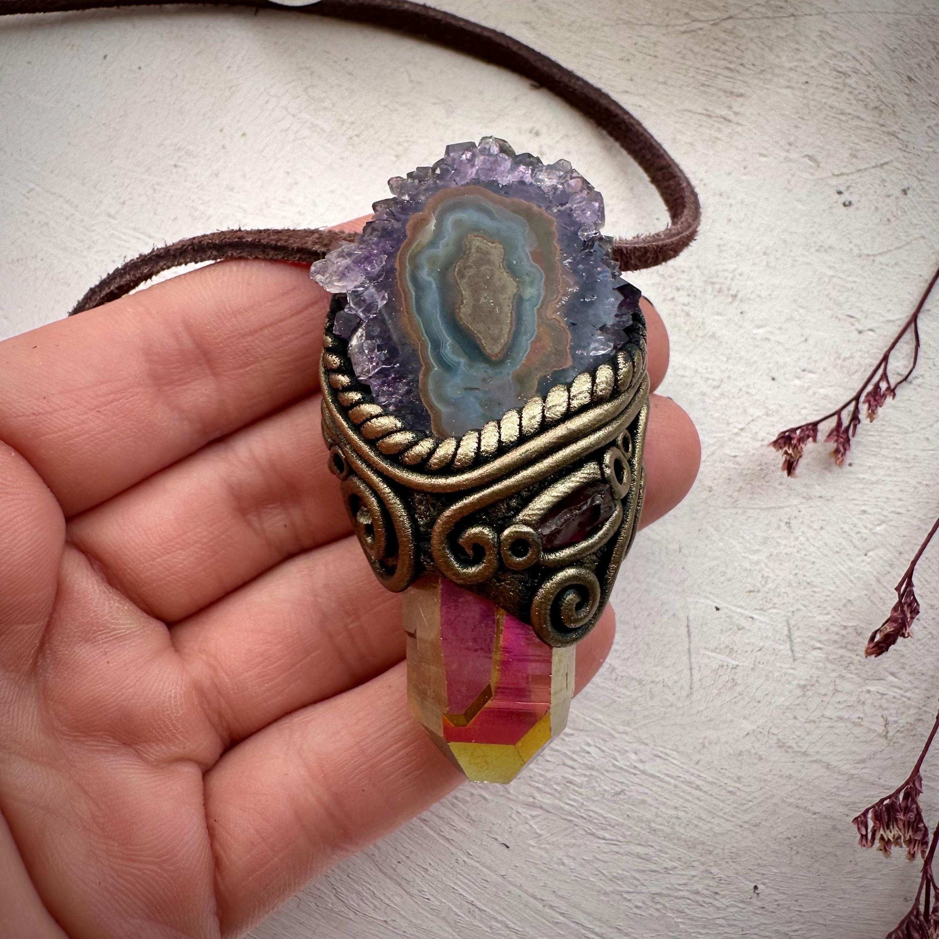 Sunset Aura Quartz Amethyst Stalactite and Rhodolite Garnet Necklace - FairyGardenGlow