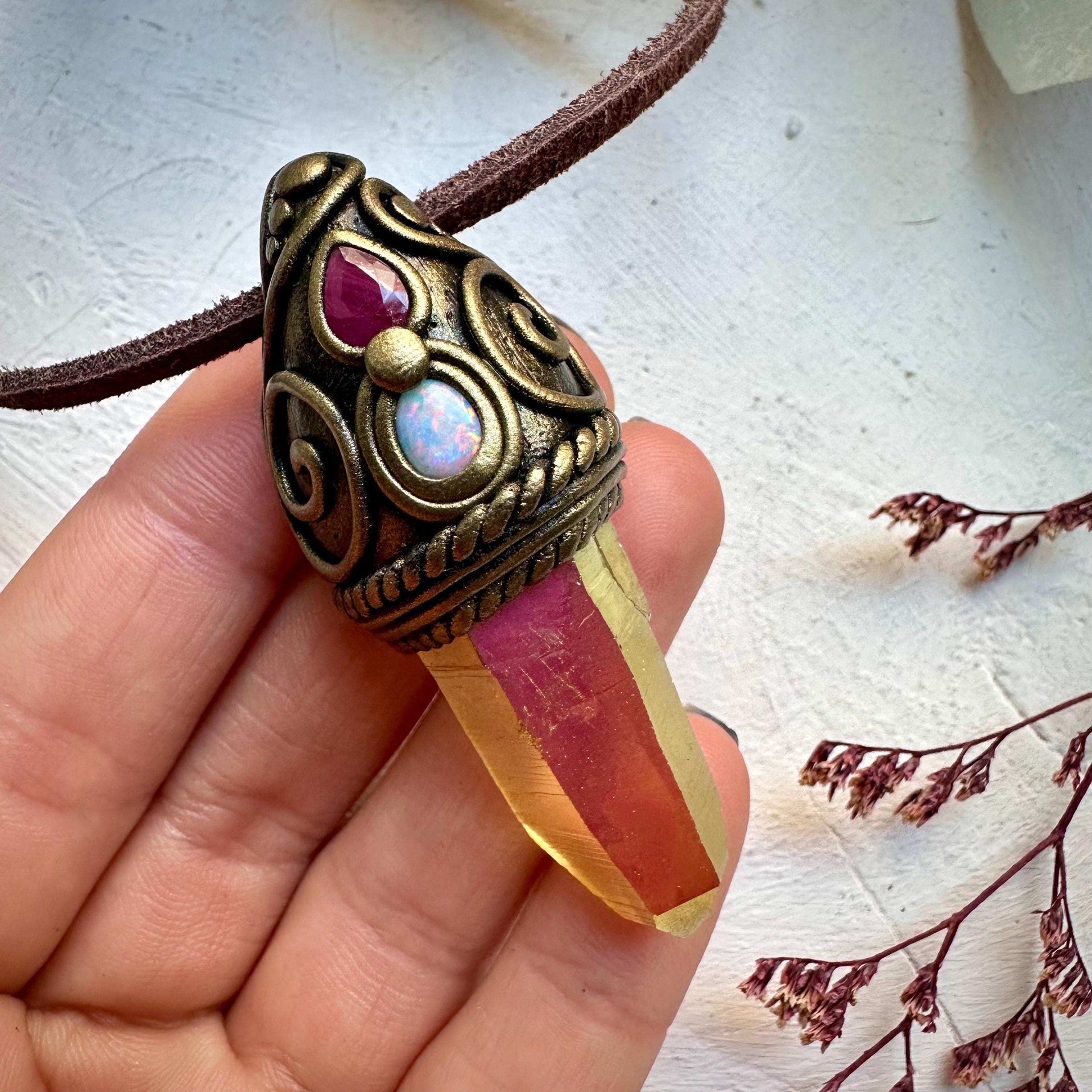 Sunset Aura Quartz Australian Opal and Ruby Necklace - FairyGardenGlow
