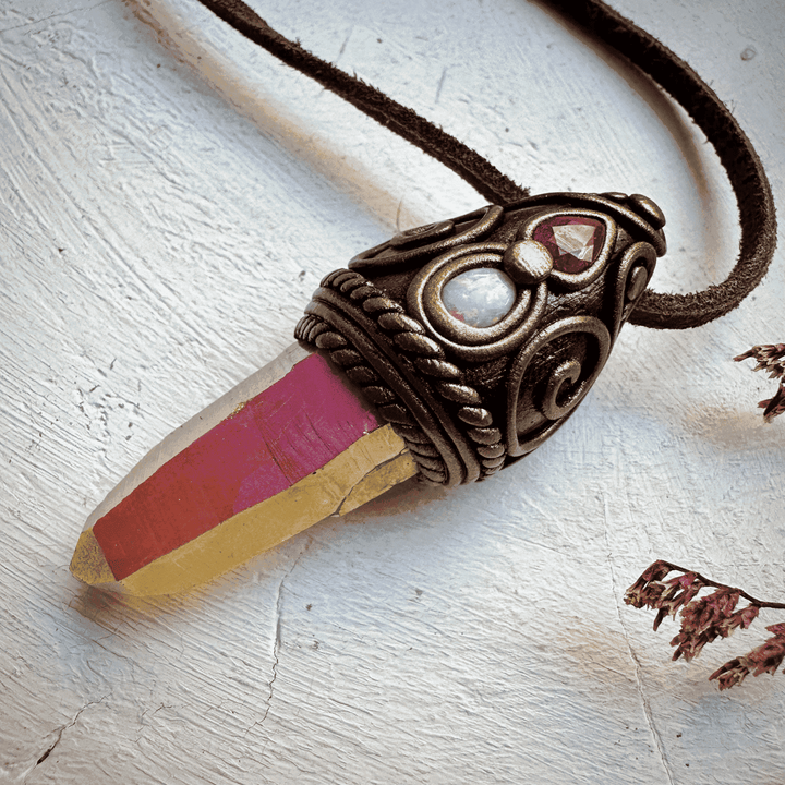 Sunset Aura Quartz Australian Opal and Ruby Necklace - FairyGardenGlow