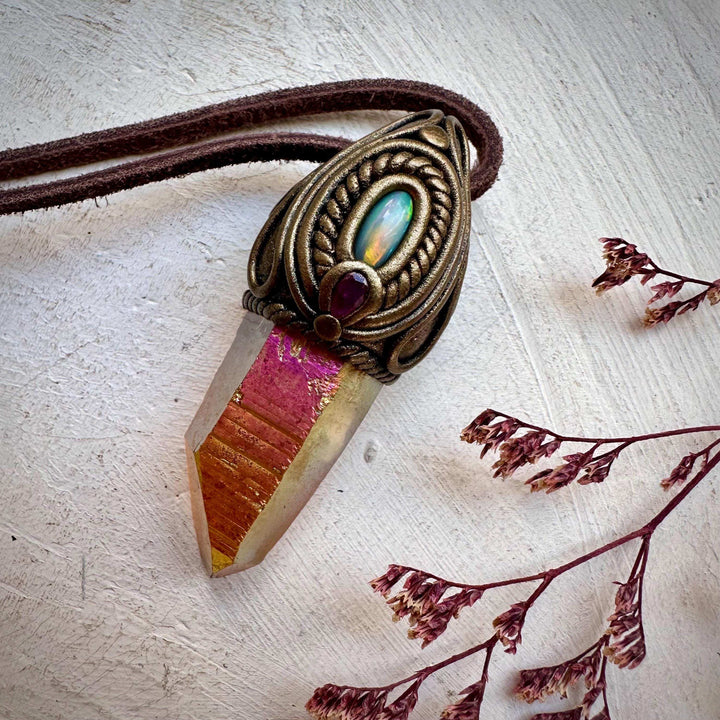 Sunset Aura Quartz with Australian Opal and Ruby Pendant Necklace - FairyGardenGlow
