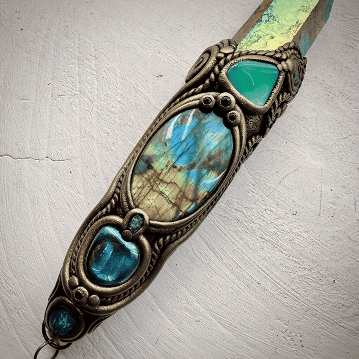 Sunset Aura Quartz Wand , Labradorite Chrysoprase Tanzanite Emerald Black Australian Opal Triplet Aqua Aura Quartz and Moldavite Wand - FairyGardenGlow