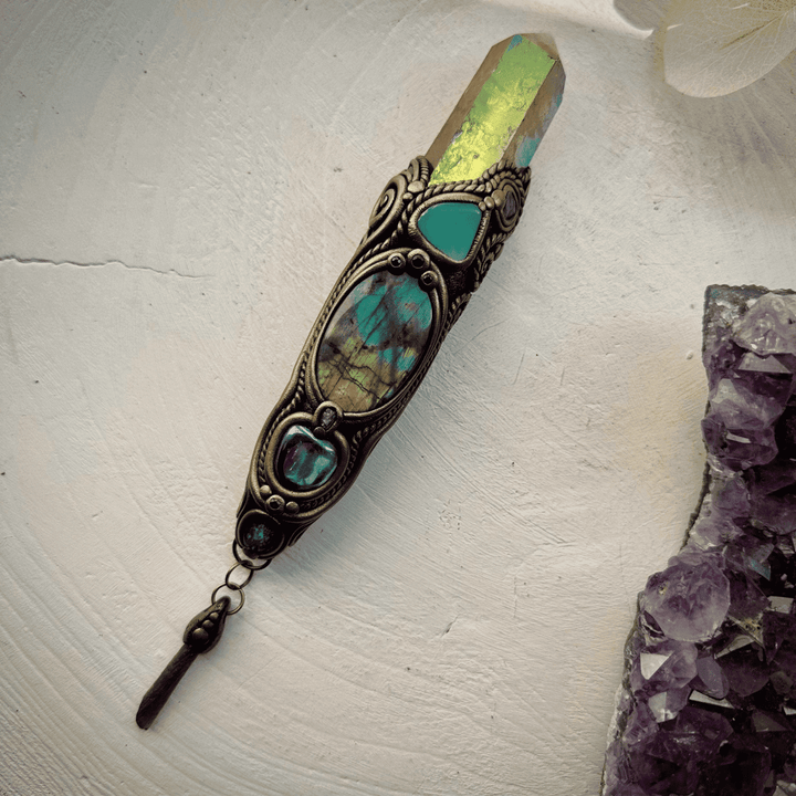 Sunset Aura Quartz Wand , Labradorite Chrysoprase Tanzanite Emerald Black Australian Opal Triplet Aqua Aura Quartz and Moldavite Wand - FairyGardenGlow
