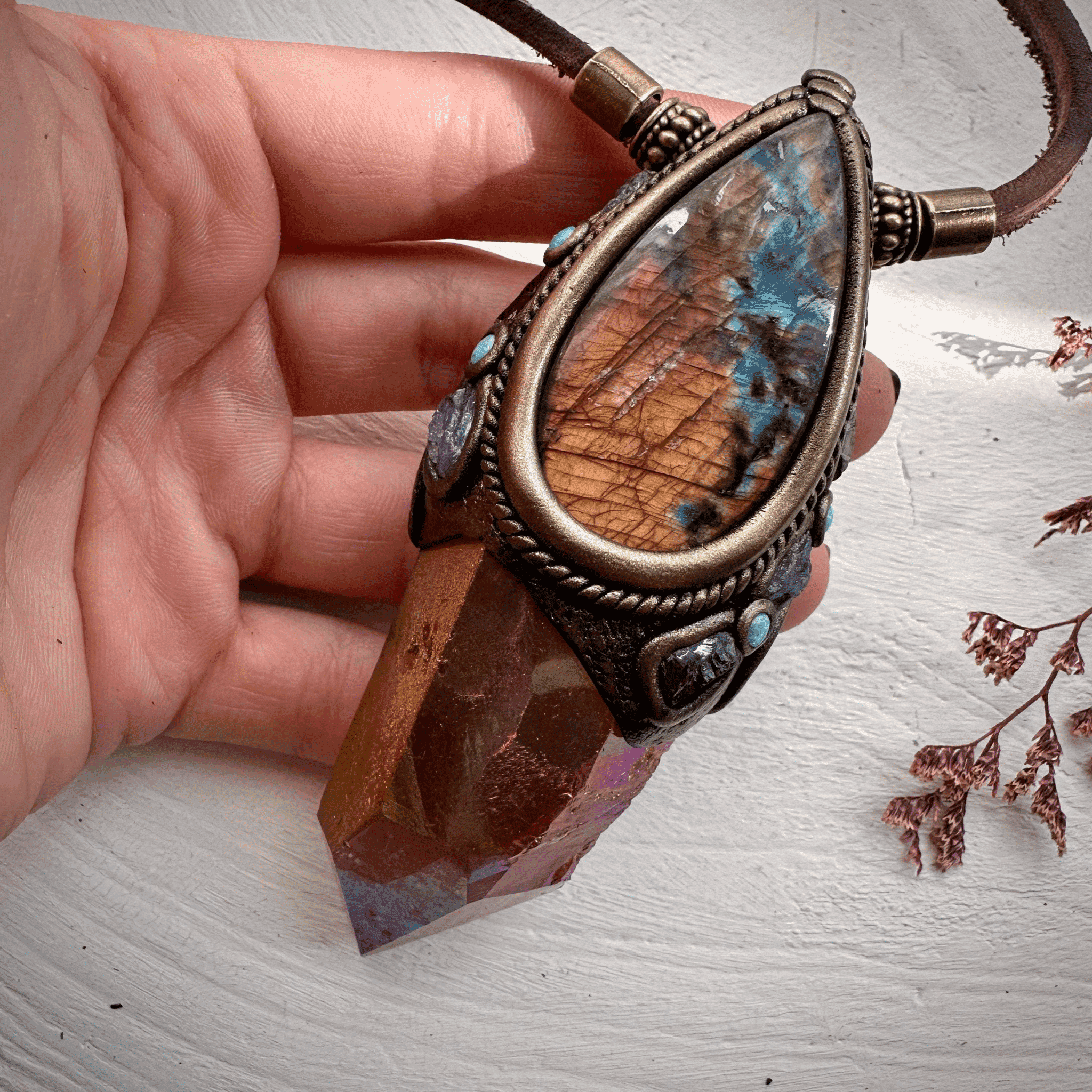 Sunset Aura Quartz Labradorite Red Garnet and Tanzanite Wand / Necklace - FairyGardenGlow