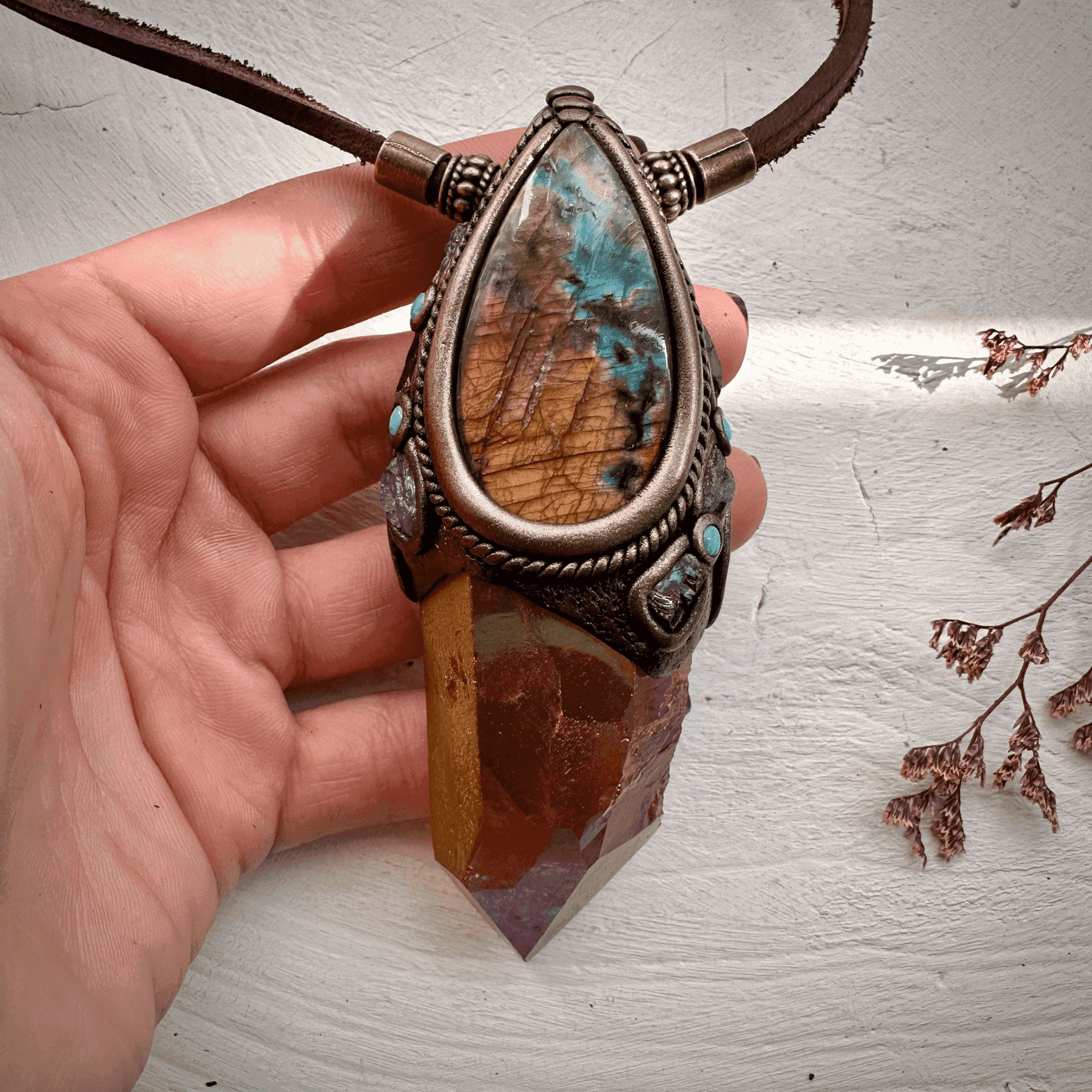 Sunset Aura Quartz Labradorite Red Garnet and Tanzanite Wand / Necklace - FairyGardenGlow