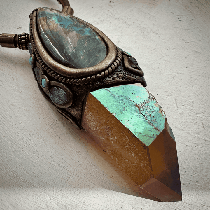 Sunset Aura Quartz Labradorite Red Garnet and Tanzanite Wand / Necklace - FairyGardenGlow