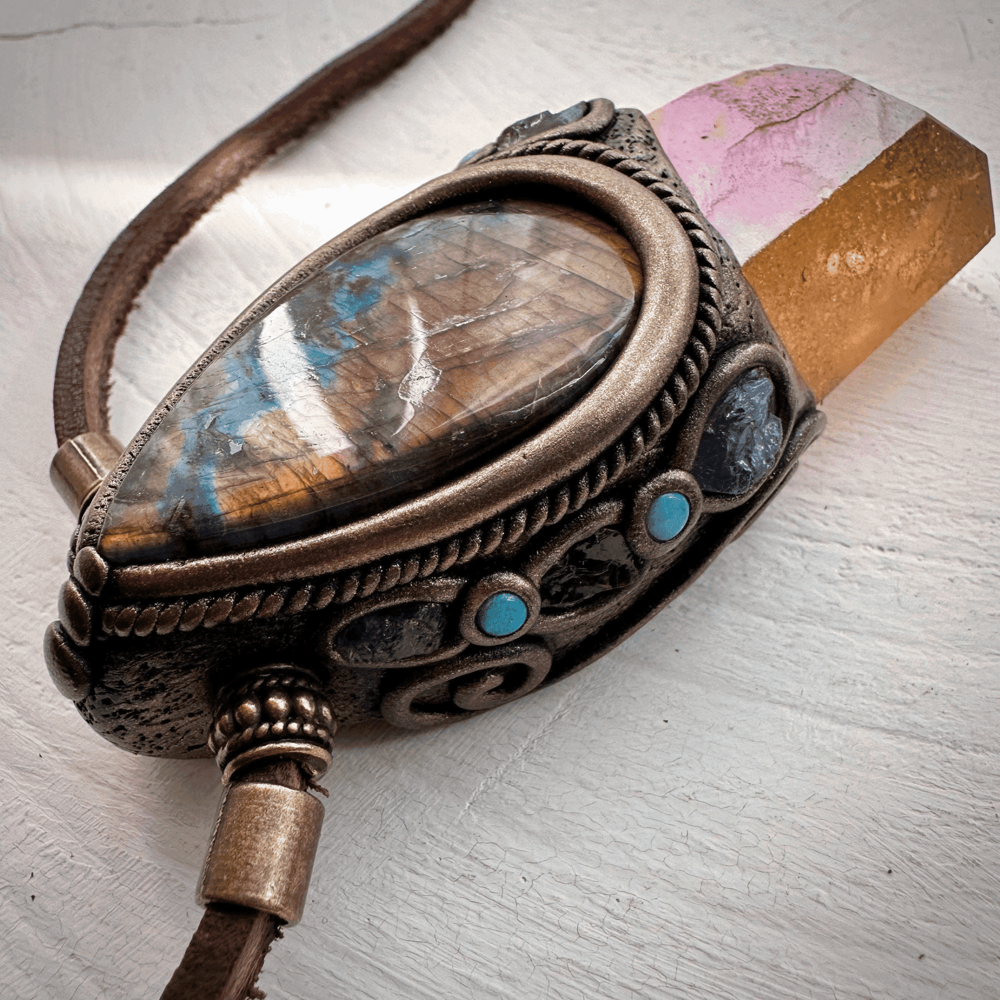 Sunset Aura Quartz Labradorite Red Garnet and Tanzanite Wand / Necklace - FairyGardenGlow