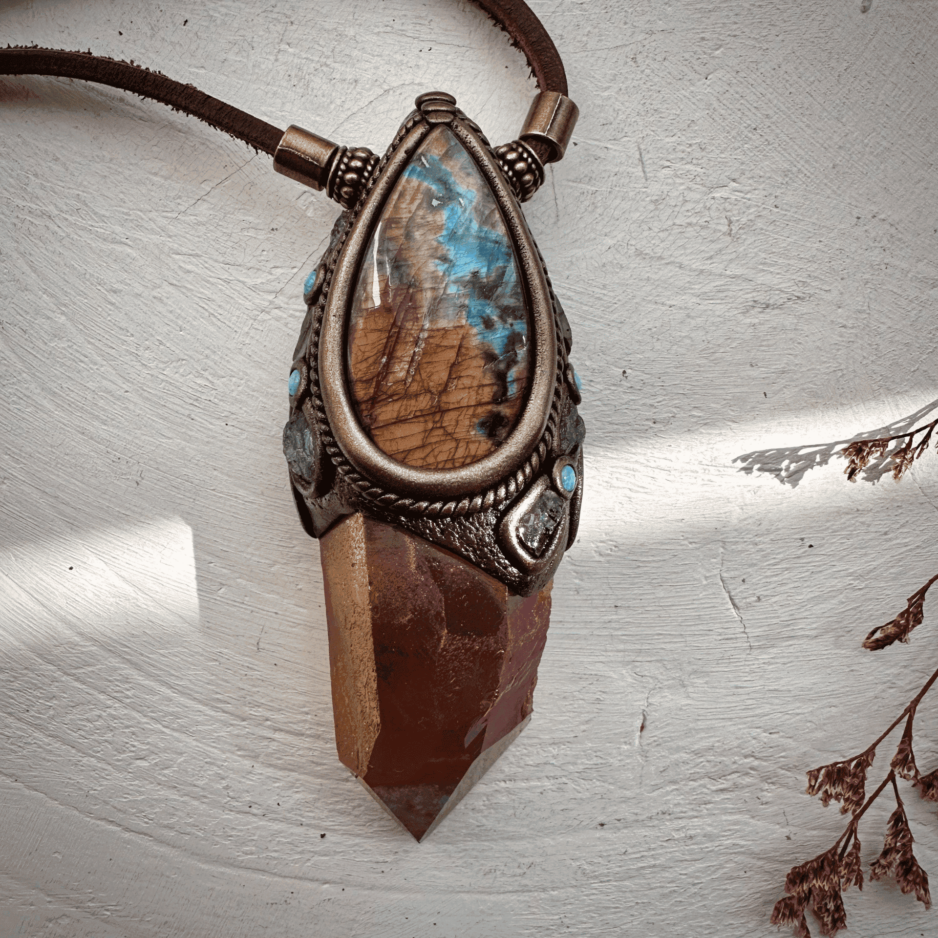 Sunset Aura Quartz Labradorite Red Garnet and Tanzanite Wand / Necklace - FairyGardenGlow