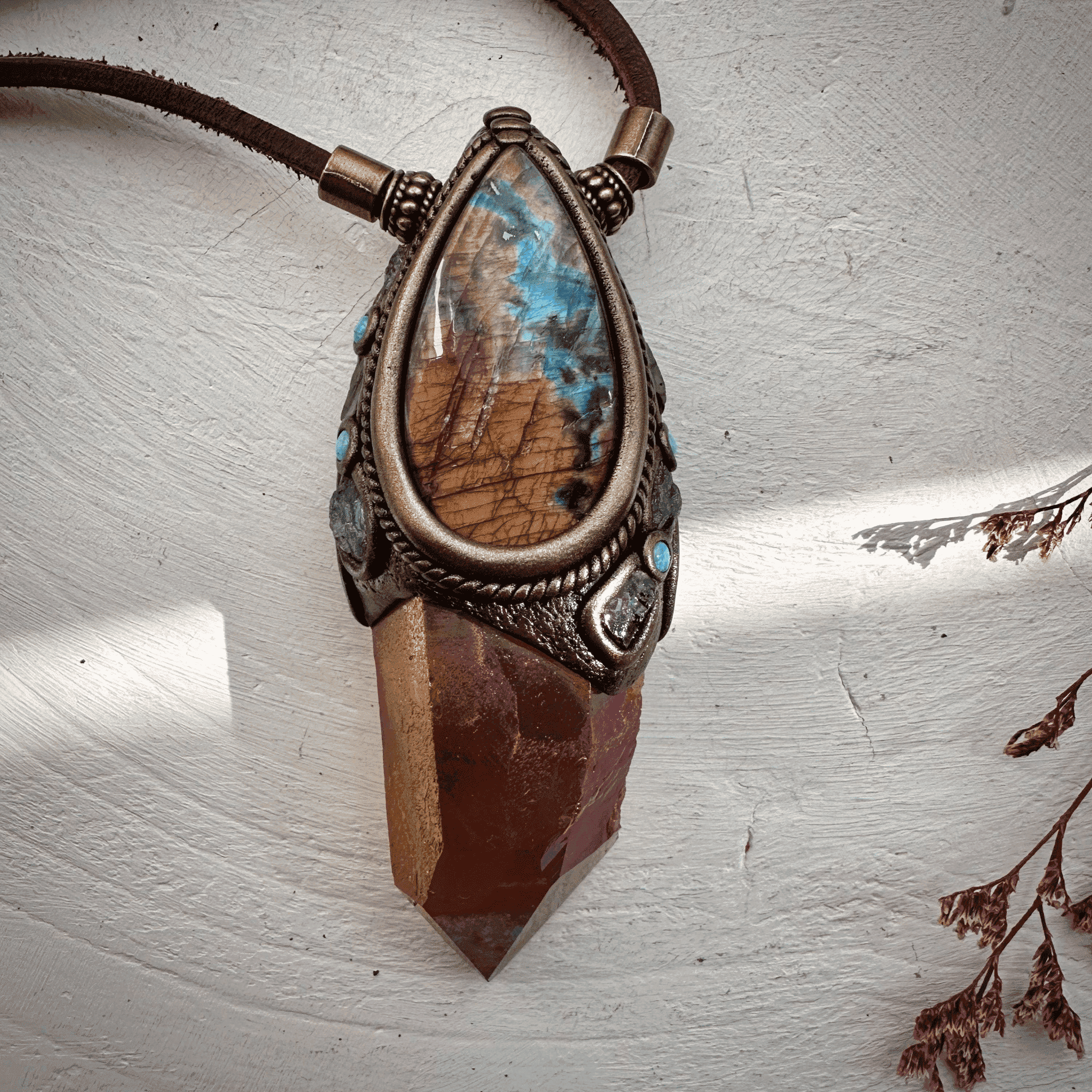 Sunset Aura Quartz Labradorite Red Garnet and Tanzanite Wand / Necklace - FairyGardenGlow