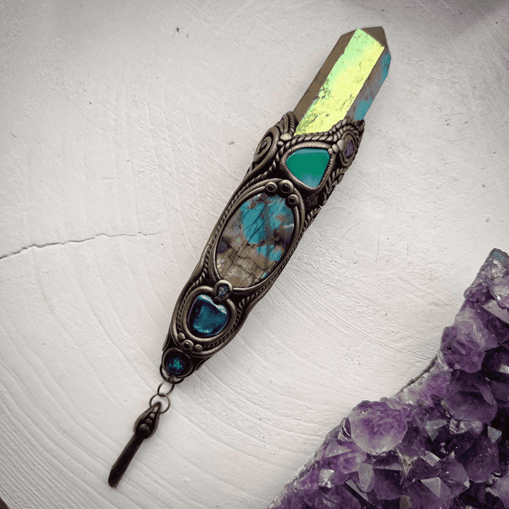 Sunset Aura Quartz Wand , Labradorite Chrysoprase Tanzanite Emerald Black Australian Opal Triplet Aqua Aura Quartz and Moldavite Wand - FairyGardenGlow