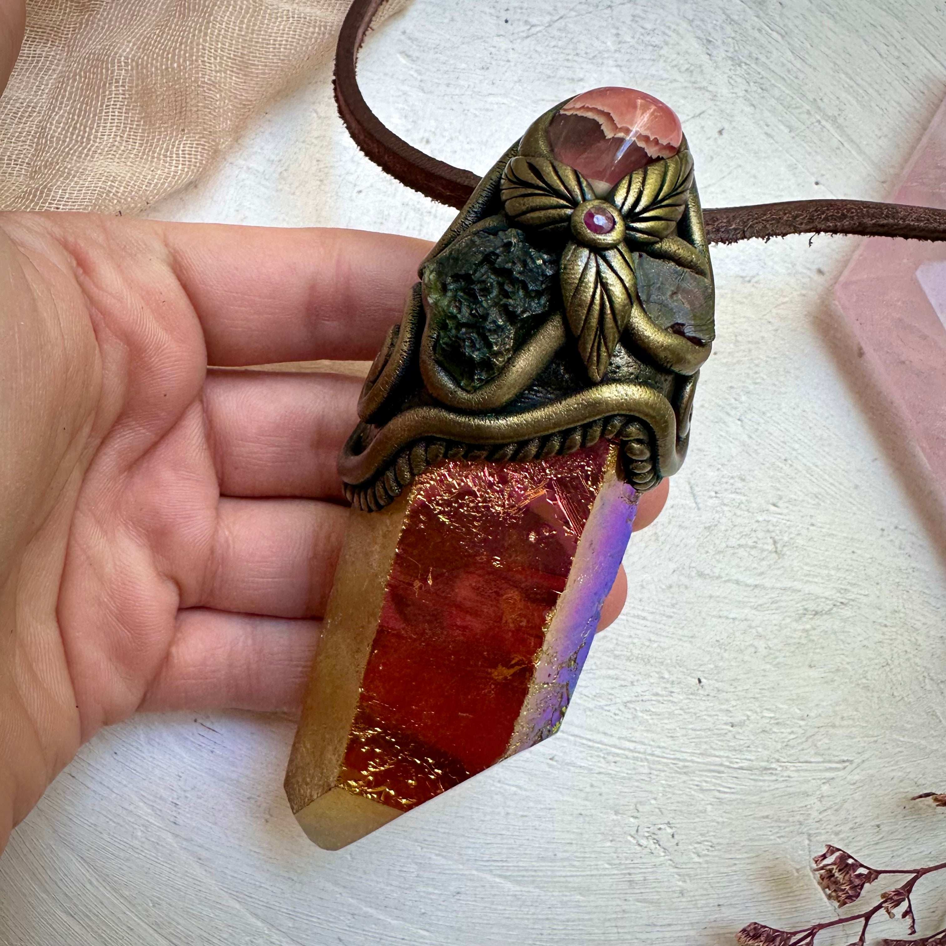 Sunset Aura Quartz Moldavite Rhodochrosite Red Garnet and Ruby Wand/Pendant - FairyGardenGlow