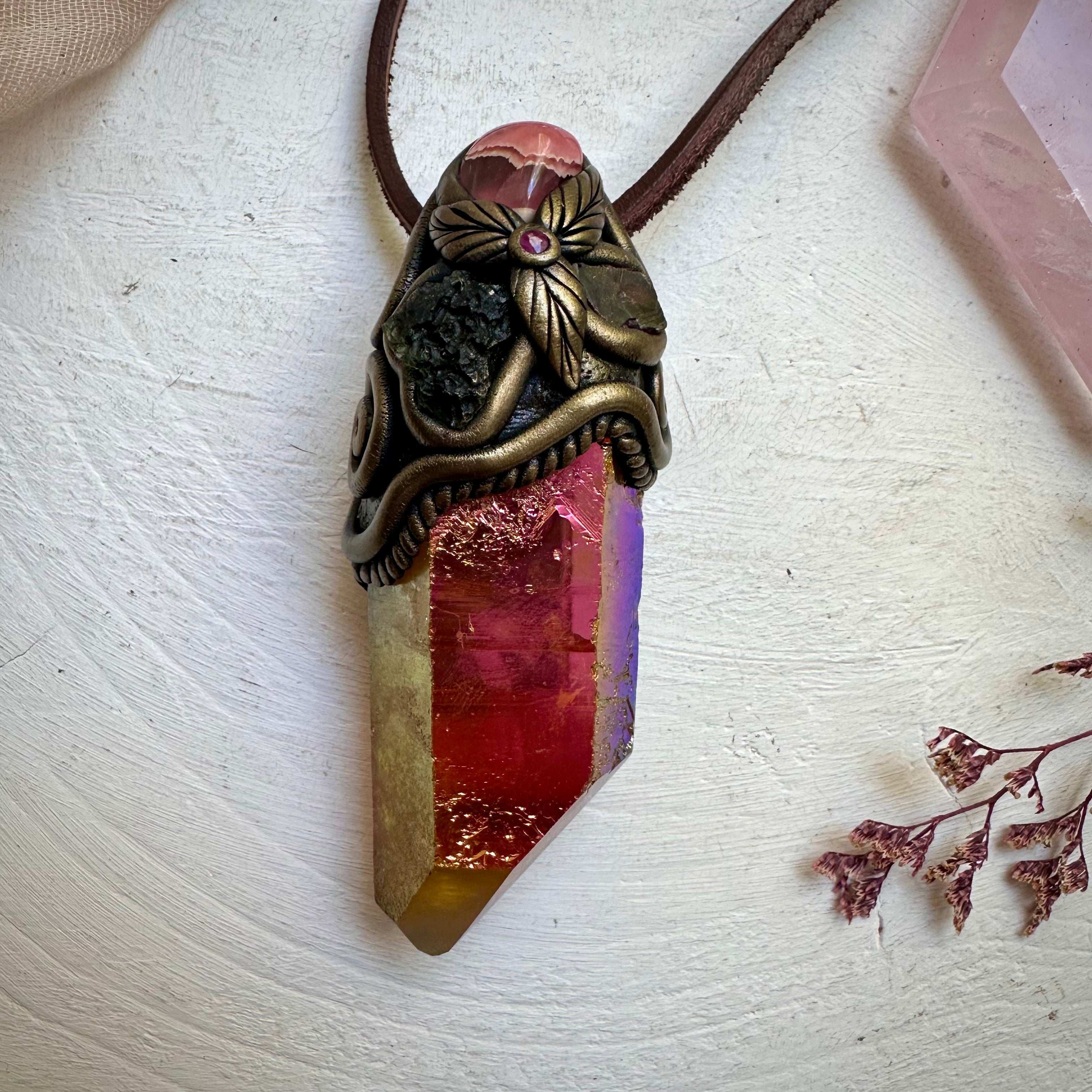 Sunset Aura Quartz Moldavite Rhodochrosite Red Garnet and Ruby Wand/Pendant - FairyGardenGlow