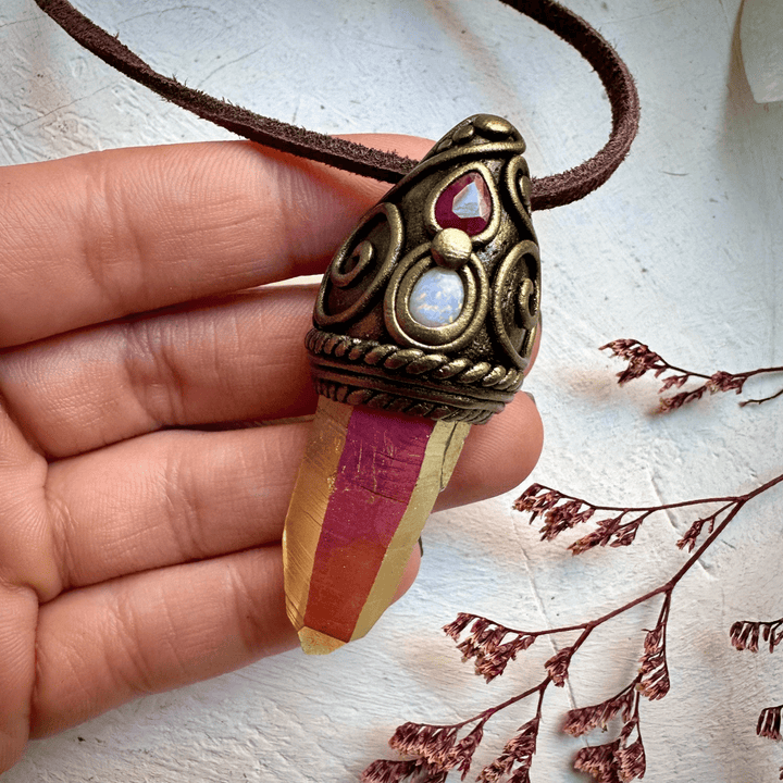 Sunset Aura Quartz Australian Opal and Ruby Necklace - FairyGardenGlow