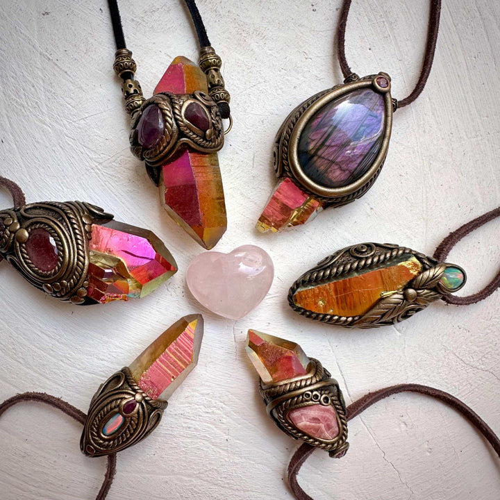 Sunset Aura Quartz with Australian Opal and Ruby Pendant Necklace - FairyGardenGlow