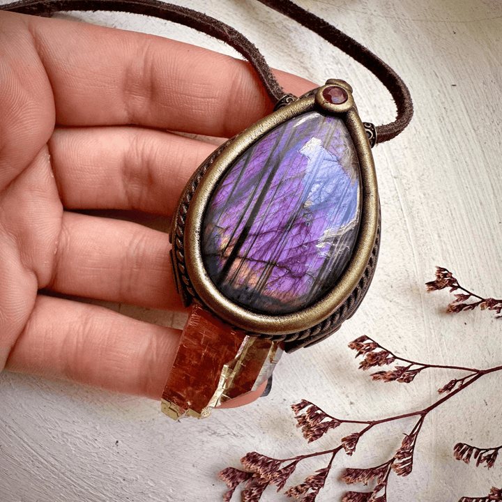 Sunset Aura Quartz with Purple Labradorite and Ruby Necklace - FairyGardenGlow