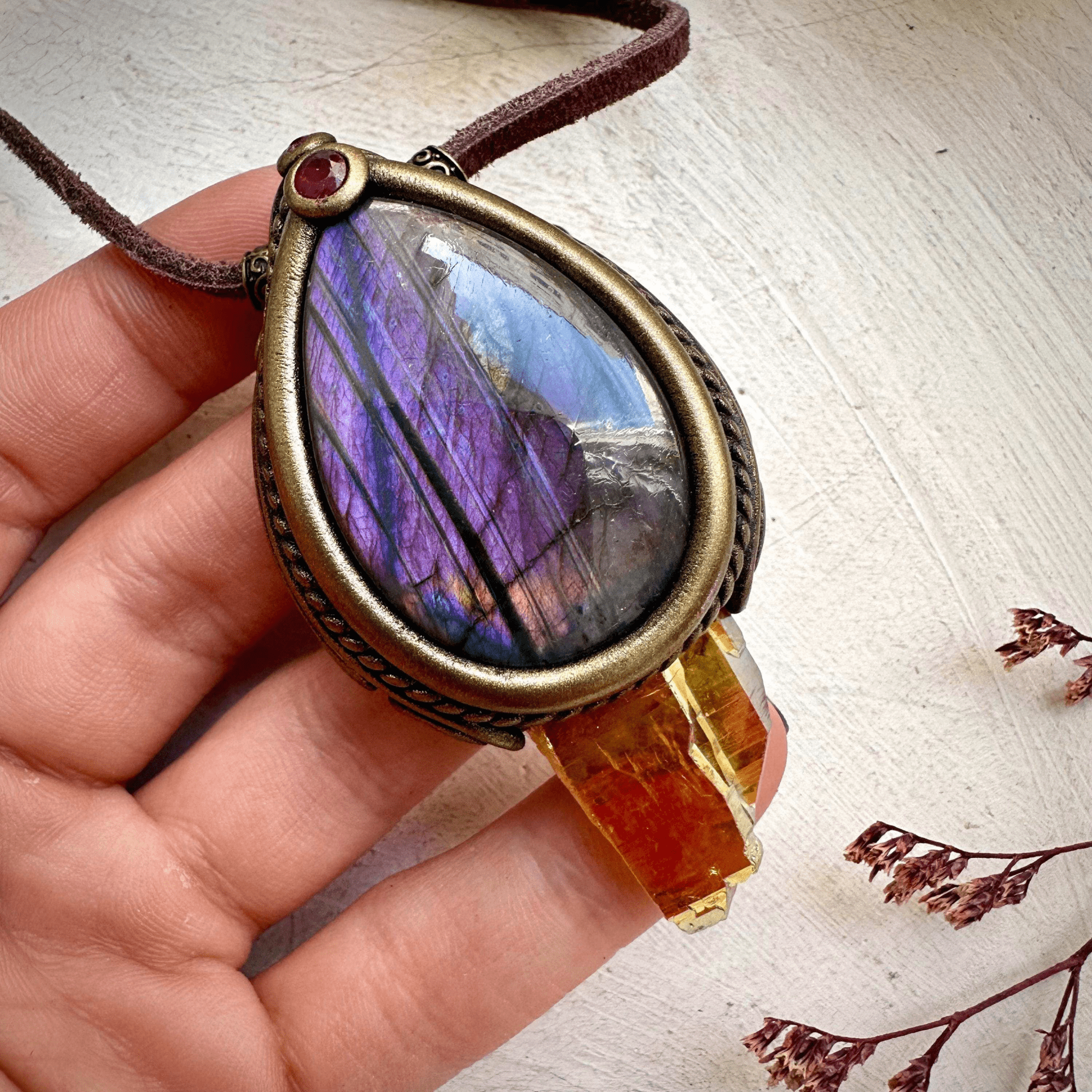 Sunset Aura Quartz with Purple Labradorite and Ruby Necklace - FairyGardenGlow
