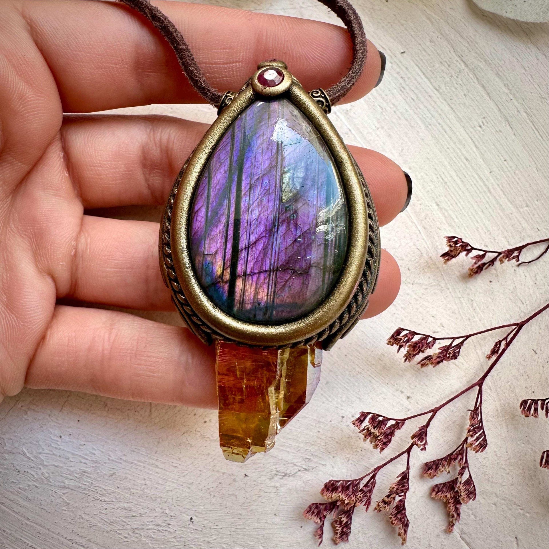 Sunset Aura Quartz with Purple Labradorite and Ruby Necklace - FairyGardenGlow