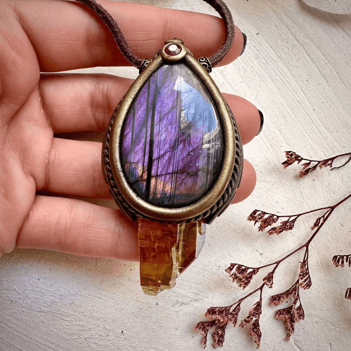 Sunset Aura Quartz with Purple Labradorite and Ruby Necklace - FairyGardenGlow