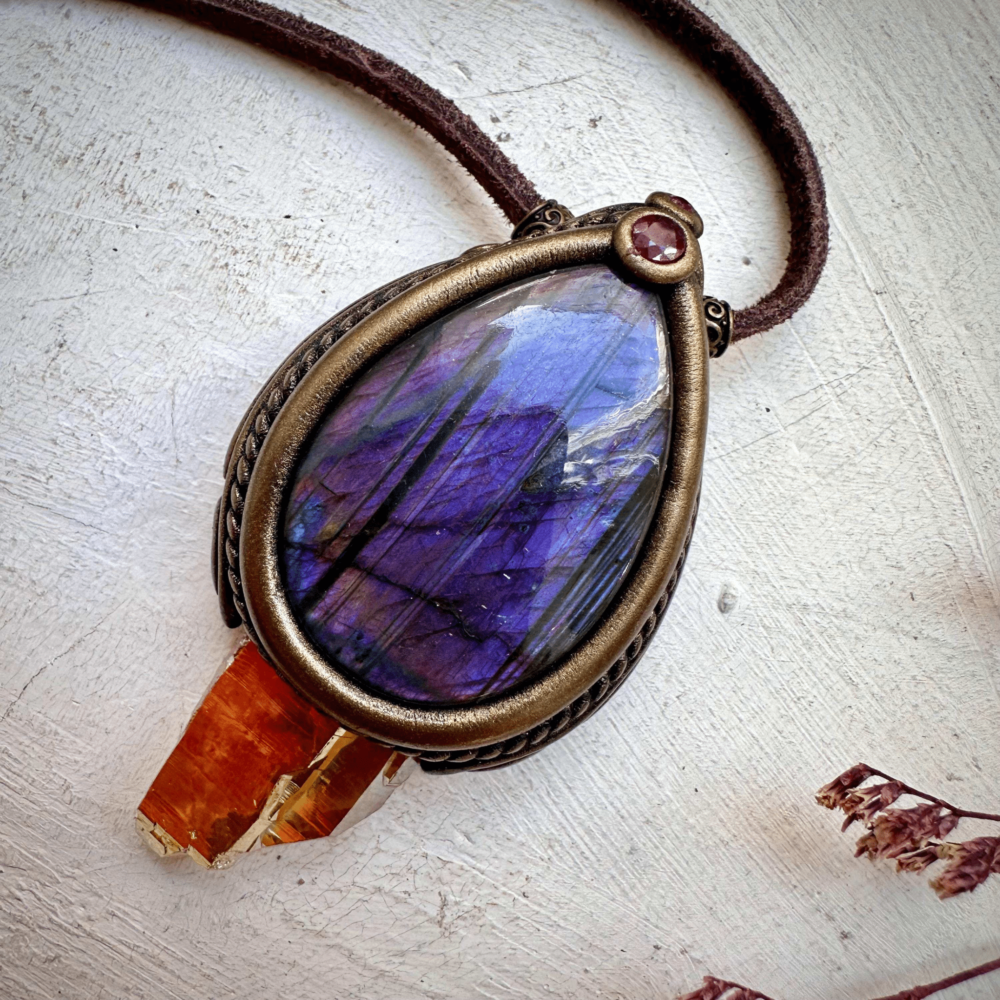 Sunset Aura Quartz with Purple Labradorite and Ruby Necklace - FairyGardenGlow