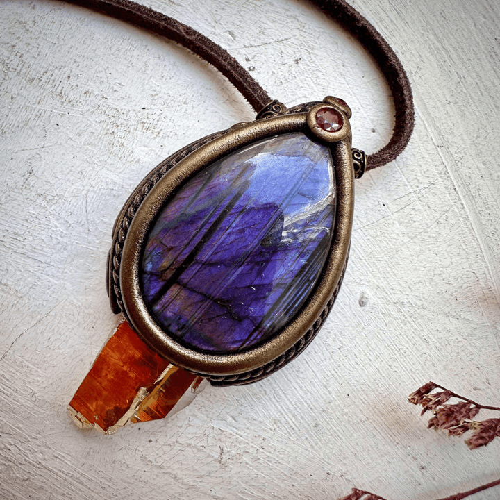 Sunset Aura Quartz with Purple Labradorite and Ruby Necklace - FairyGardenGlow