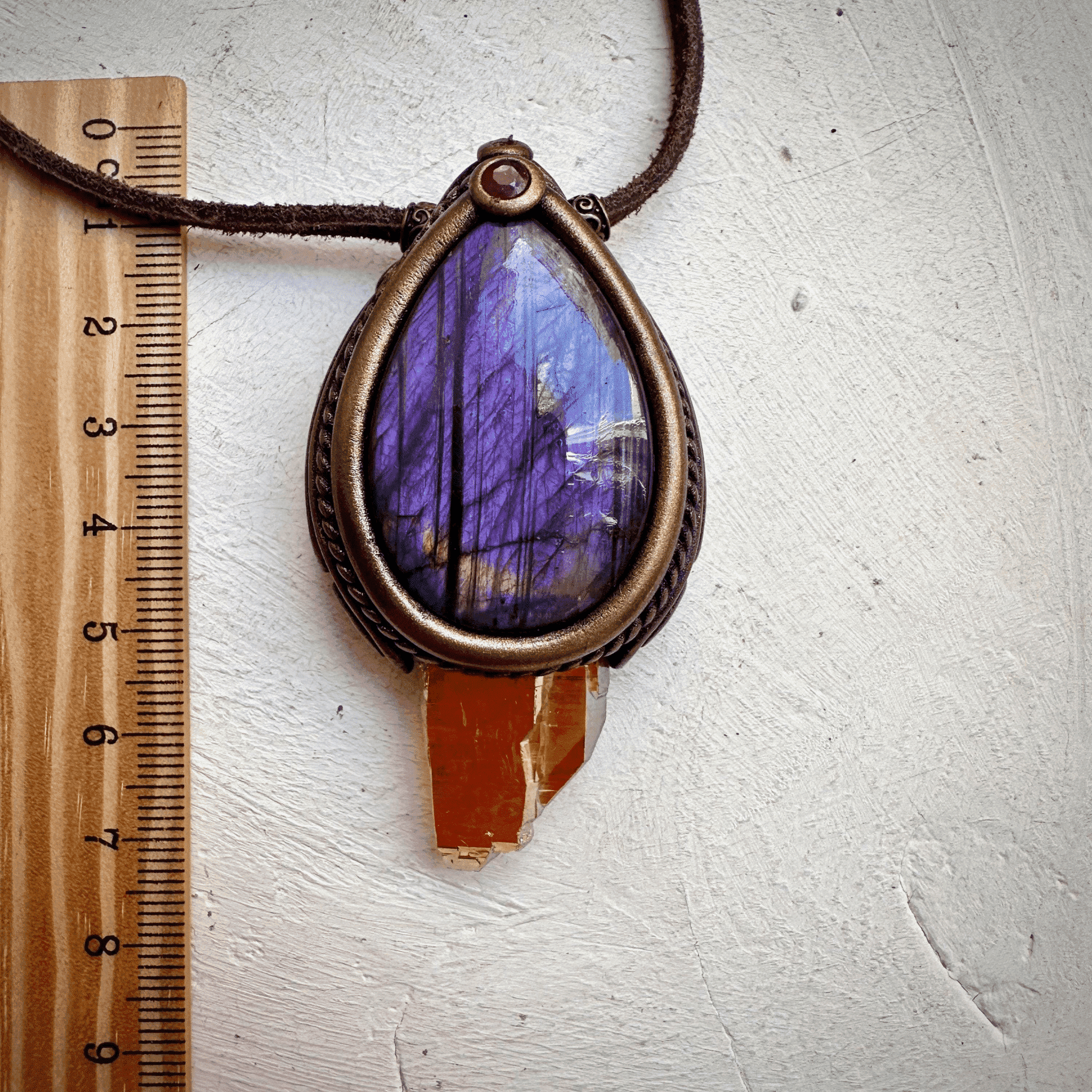Sunset Aura Quartz with Purple Labradorite and Ruby Necklace - FairyGardenGlow