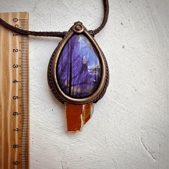 Sunset Aura Quartz with Purple Labradorite and Ruby Necklace - FairyGardenGlow