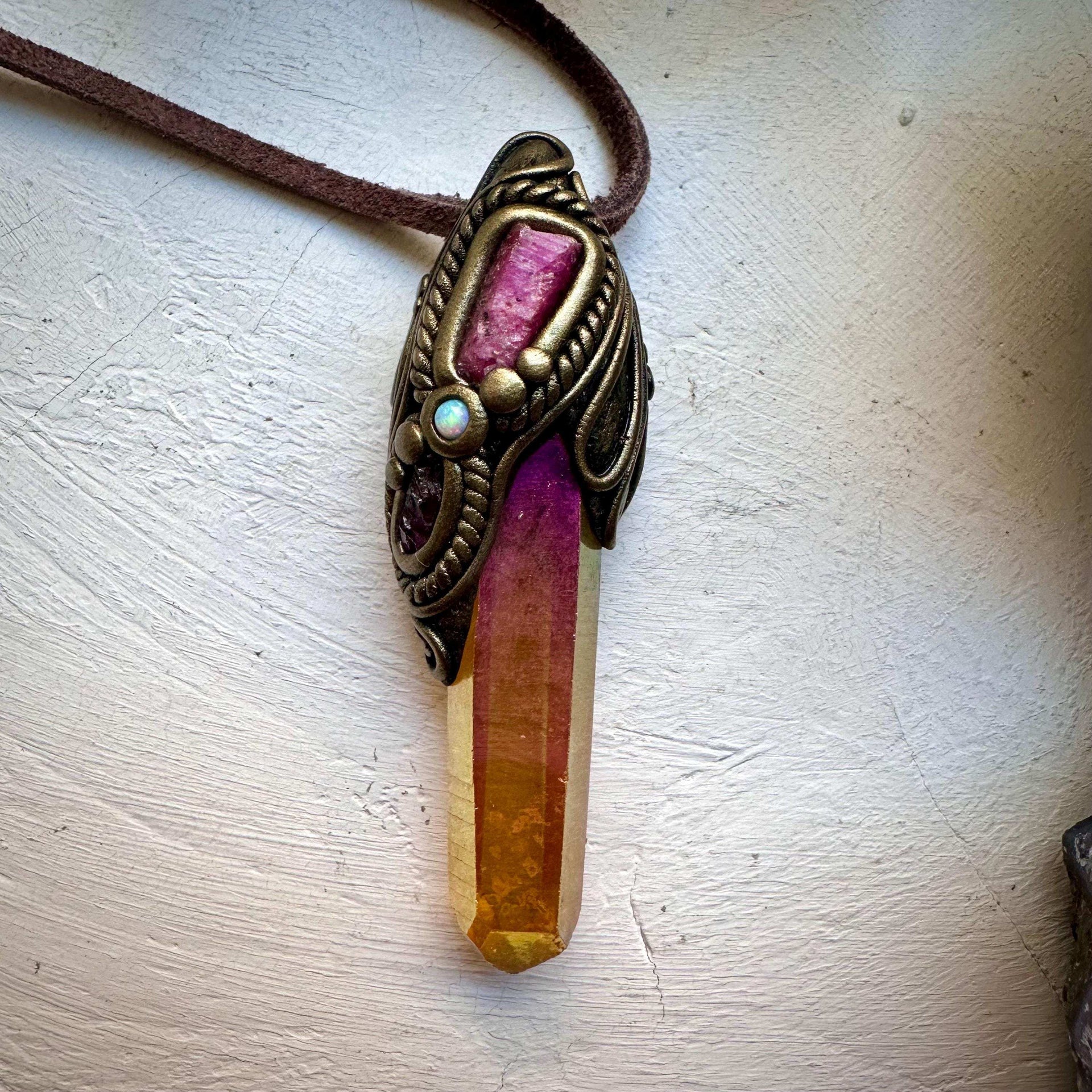 Sunset Aura Quartz Raw Ruby Rhodolite Garnet and Australian Opal Pendant Necklace - FairyGardenGlow