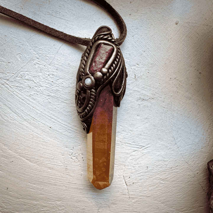 Sunset Aura Quartz Raw Ruby Rhodolite Garnet and Australian Opal Pendant Necklace - FairyGardenGlow