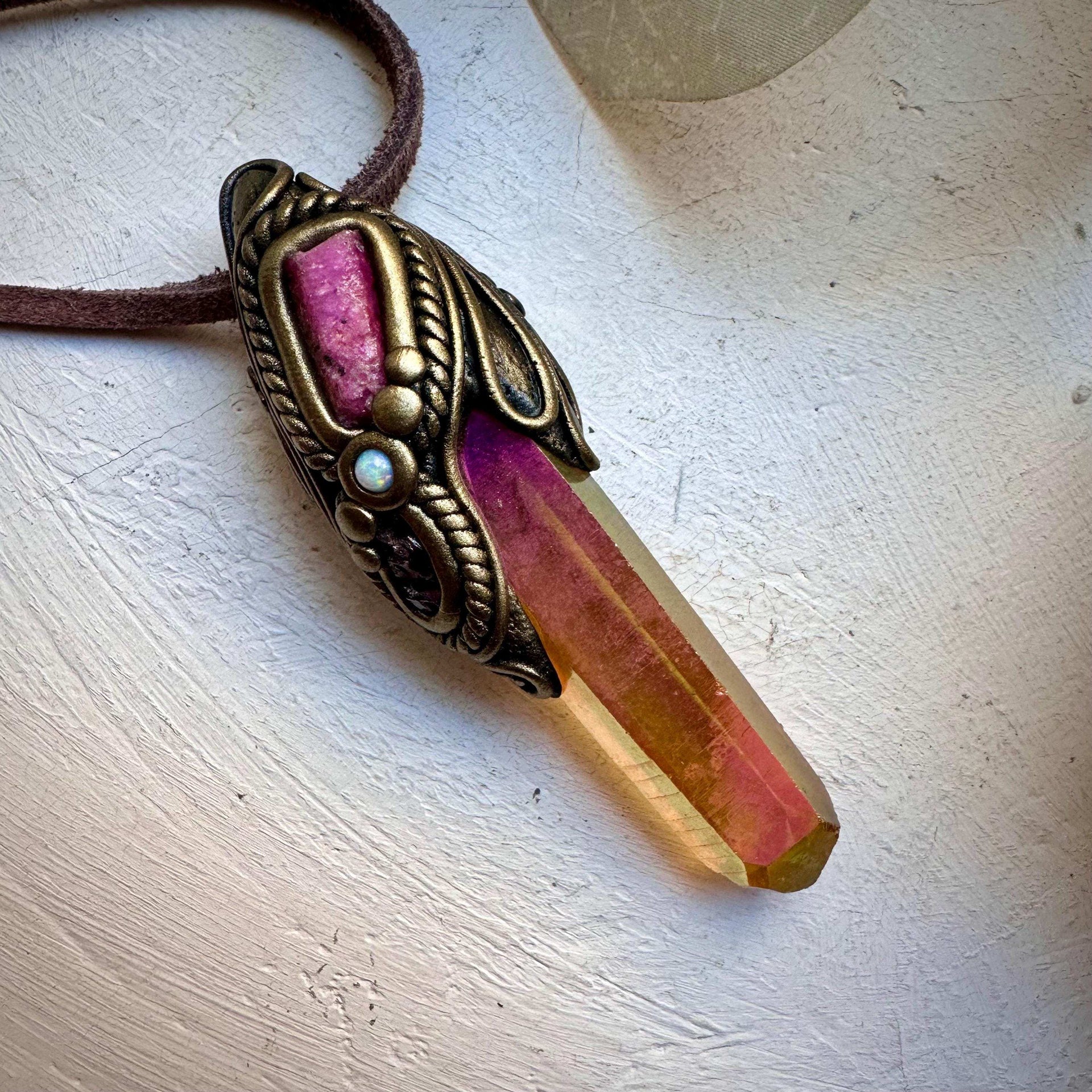 Sunset Aura Quartz Raw Ruby Rhodolite Garnet and Australian Opal Pendant Necklace - FairyGardenGlow