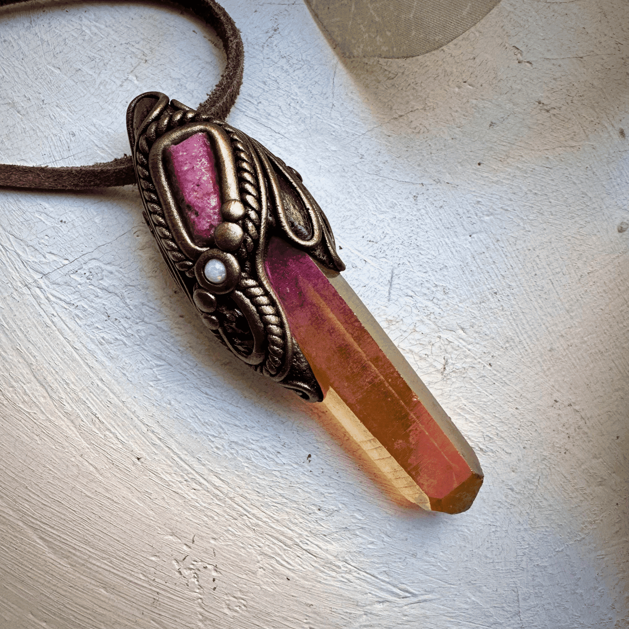 Sunset Aura Quartz Raw Ruby Rhodolite Garnet and Australian Opal Pendant Necklace - FairyGardenGlow