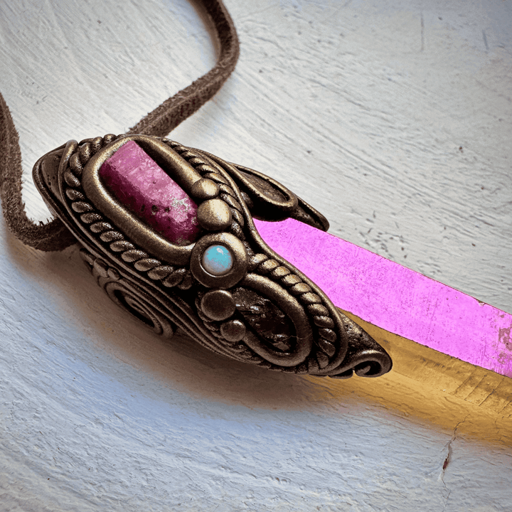 Sunset Aura Quartz Raw Ruby Rhodolite Garnet and Australian Opal Pendant Necklace - FairyGardenGlow