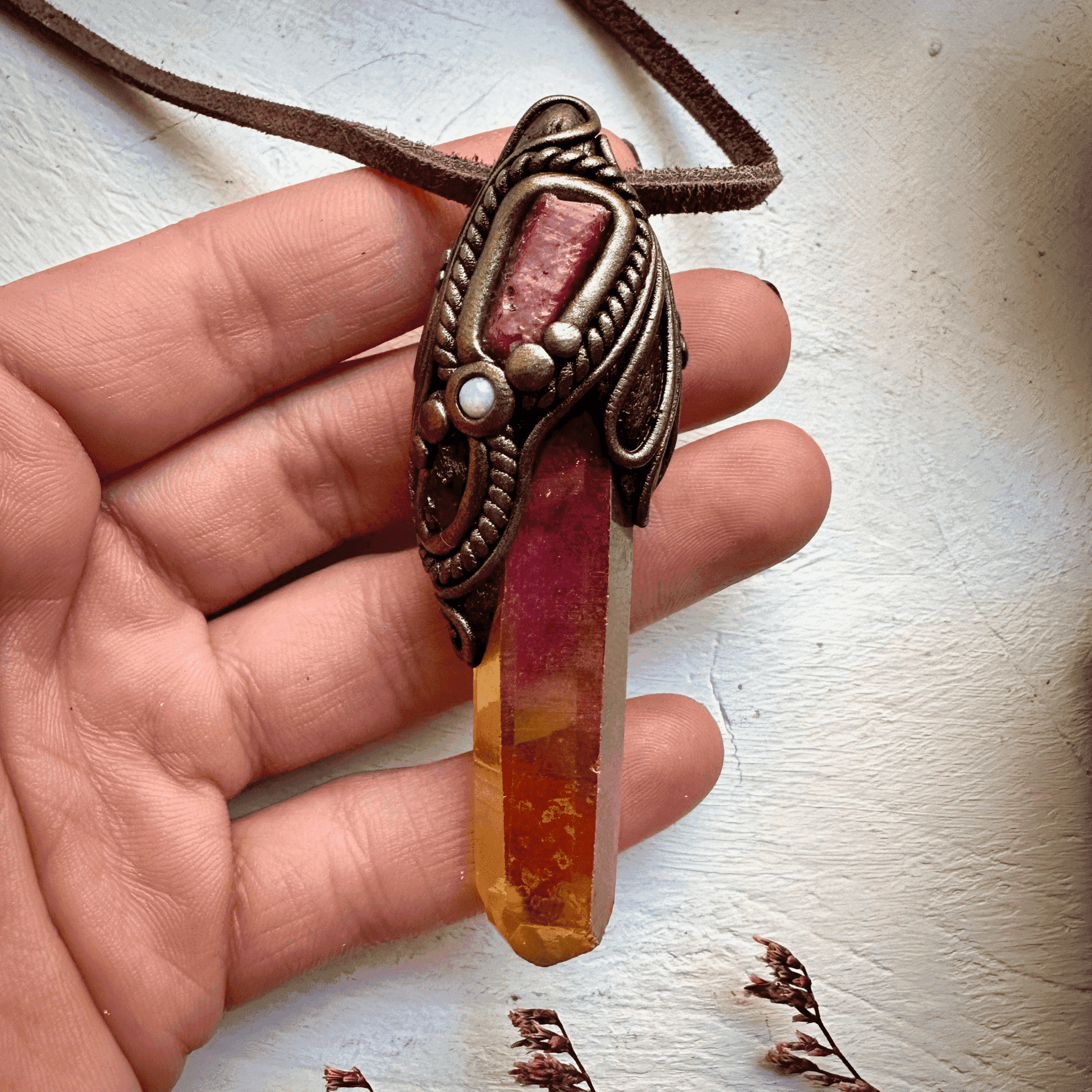Sunset Aura Quartz Raw Ruby Rhodolite Garnet and Australian Opal Pendant Necklace - FairyGardenGlow