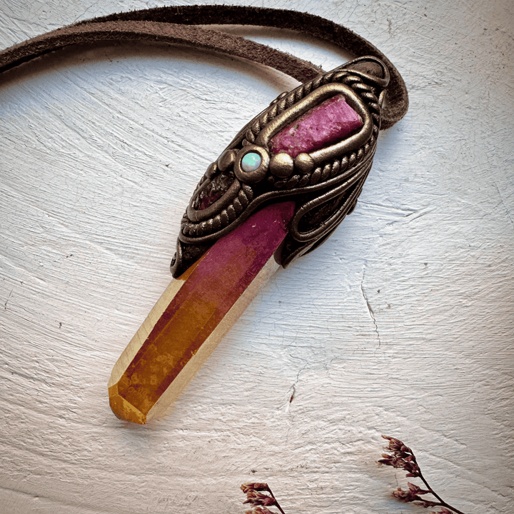 Sunset Aura Quartz Raw Ruby Rhodolite Garnet and Australian Opal Pendant Necklace - FairyGardenGlow