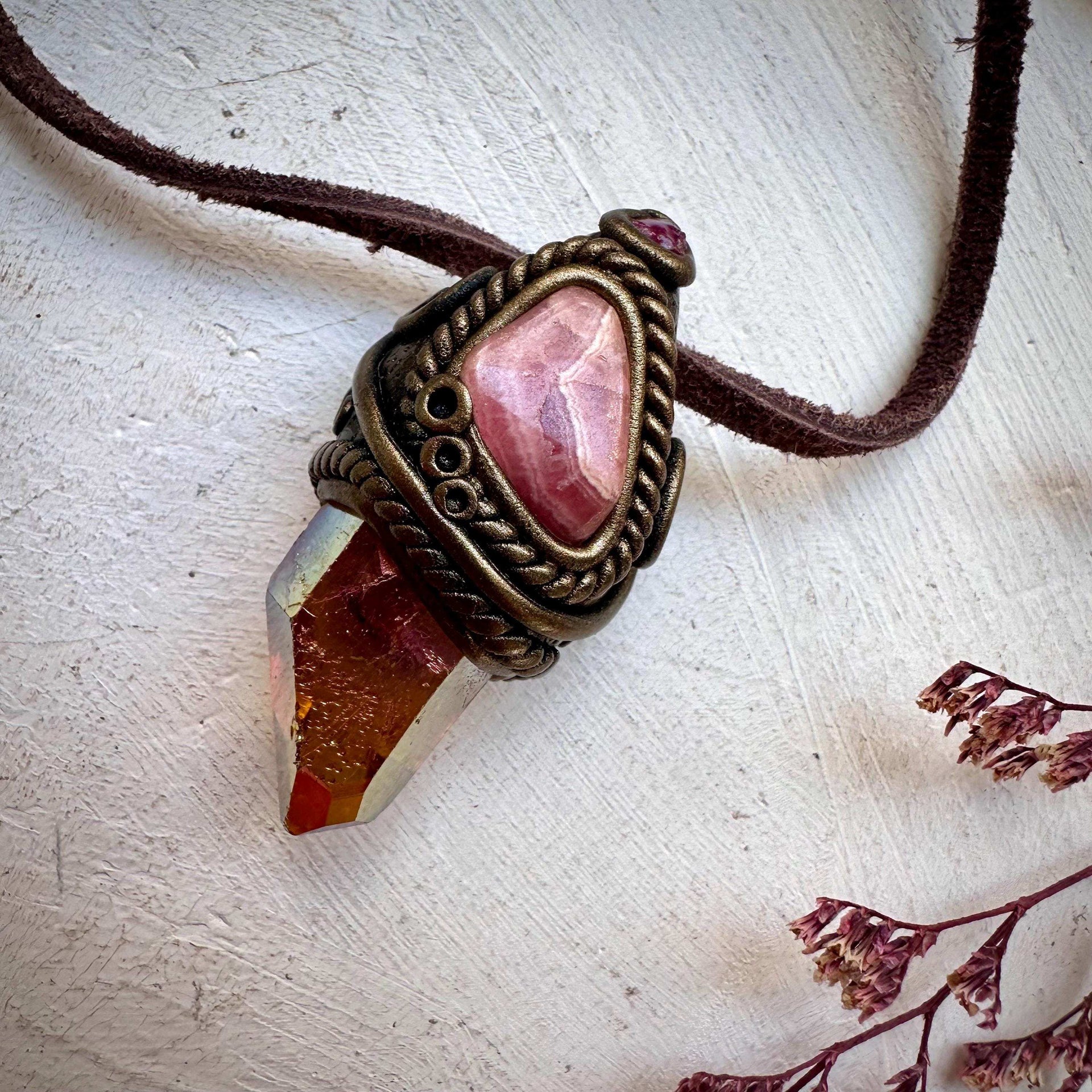 Sunset Aura Quartz Rhodochrosite and Raw Mozambique Ruby Pendant Necklace - FairyGardenGlow
