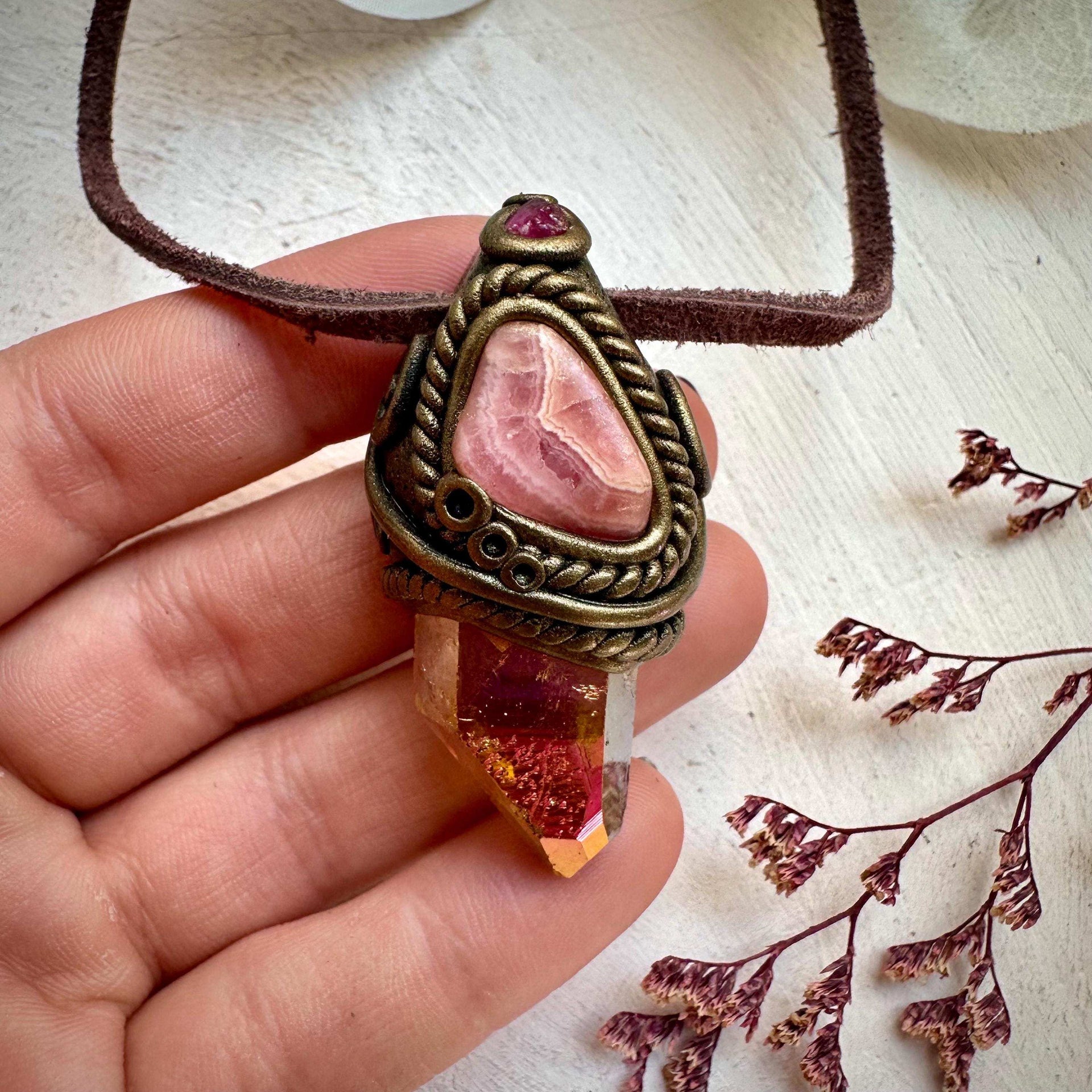 Sunset Aura Quartz Rhodochrosite and Raw Mozambique Ruby Pendant Necklace - FairyGardenGlow