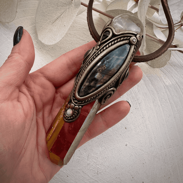 Sunset Aura Quartz with Rose Quartz Labradorite Amethyst Smoky Quartz Australian Opal and Ruby Wand / Necklace - FairyGardenGlow