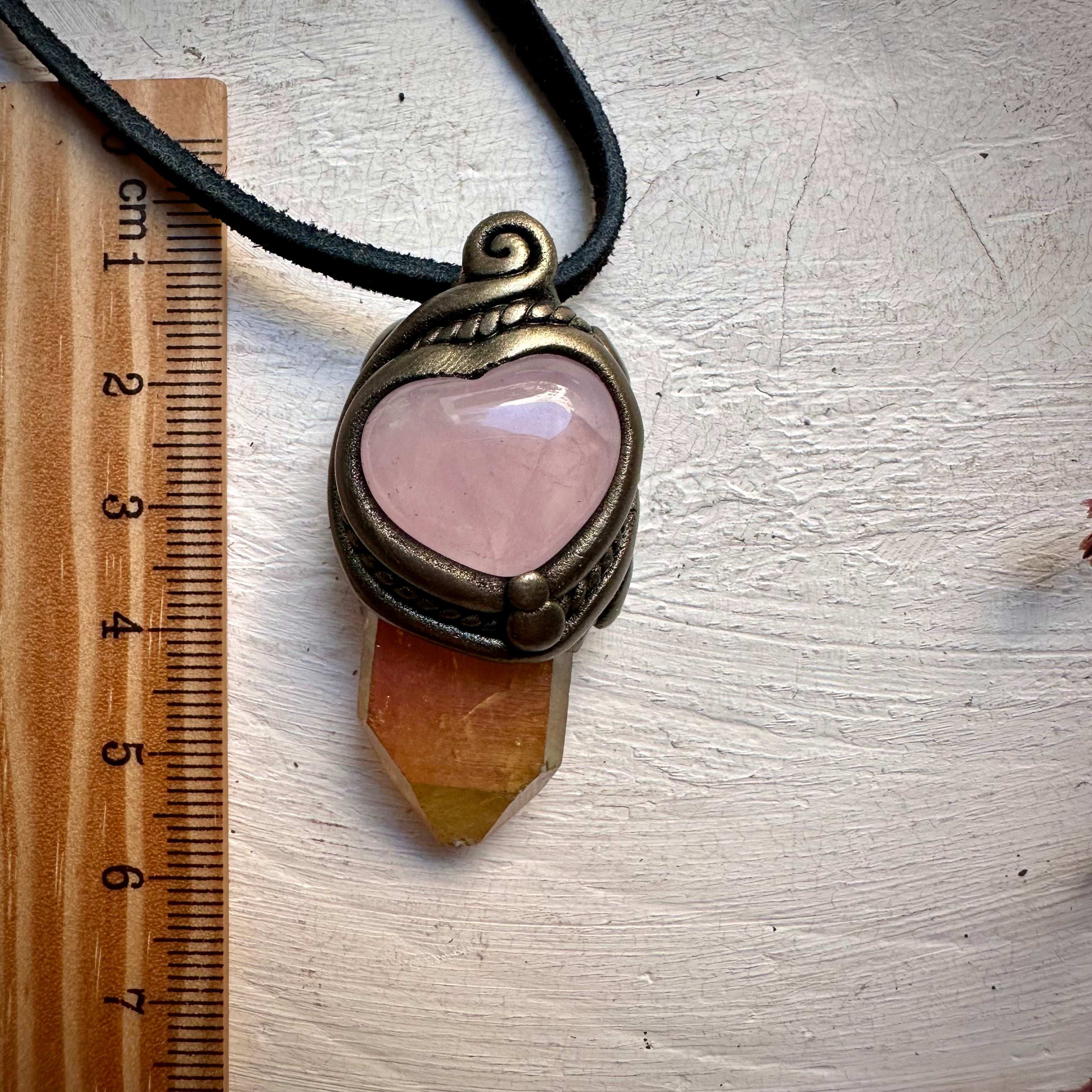 Sunset Aura Quartz and Rose Quartz Heart Necklace - FairyGardenGlow